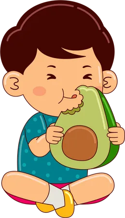 Boy Kids Eating Avocado Illustration
