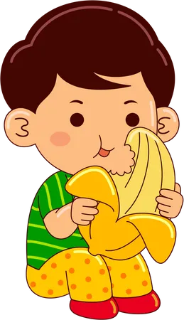 Boy Kids Eating Banana Illustration
