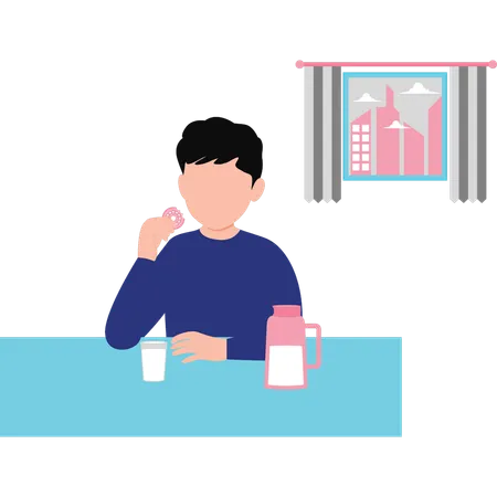 The Boy Is Eating Biscuits With Milk Illustration