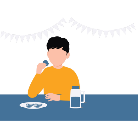 Boy eating biscuits with milk  Illustration