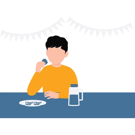 The Boy Is Eating Biscuits With Milk Illustration