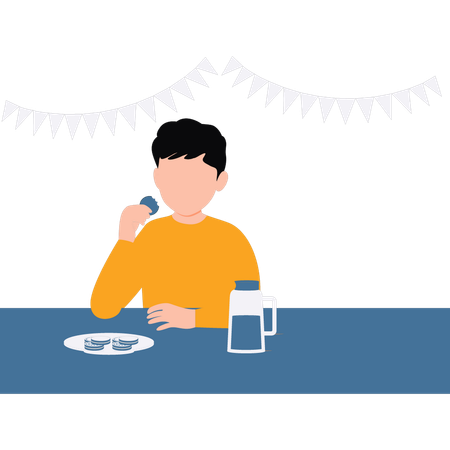 Boy eating biscuits with milk  Illustration