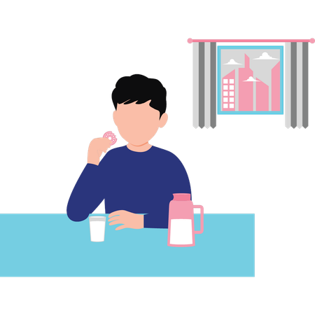 Boy eating biscuits with milk  Illustration