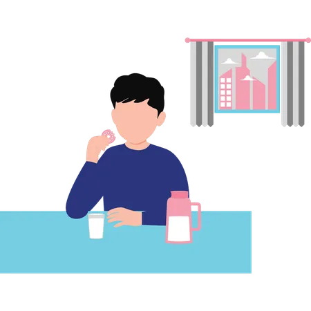 Boy eating biscuits with milk  Illustration