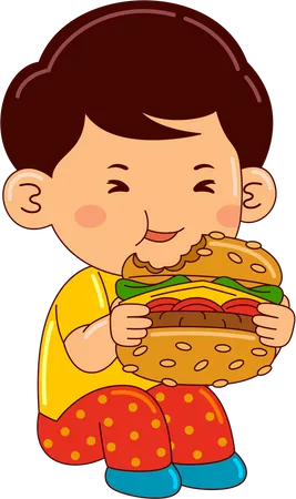Boy Kids Eating Burger Illustration