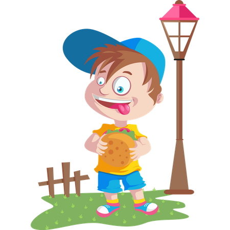 Boy eating burger in park Illustration