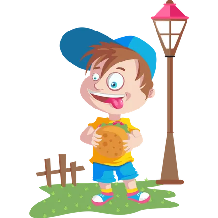 Boy eating burger in park  Illustration