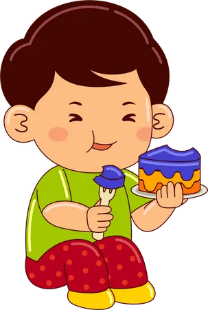 Boy Kids Eating Cake Illustration