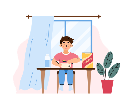 Boy eating cereal sitting at table  Illustration