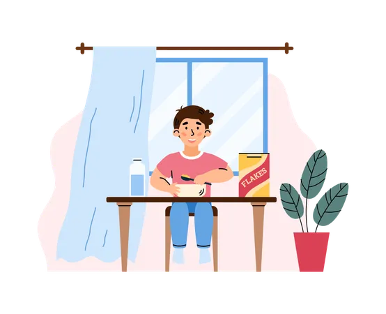 Boy eating cereal sitting at table  Illustration