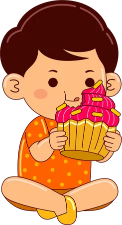 Boy Eating Cup Cake  Illustration