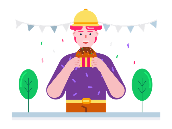 Man eating a chocolate chip cookie in party  Illustration