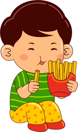 Boy Kids Eating Fries Illustration