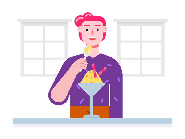 Young man eating flavoured shaved ice  Illustration