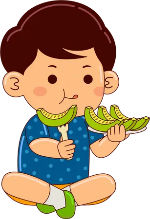 Boy Kids Eating Melon Illustration