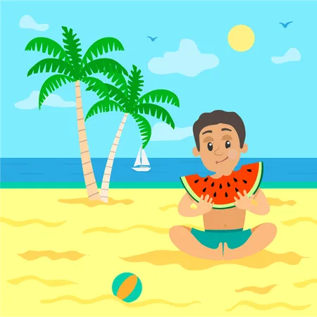 Boy eating melon on beach  일러스트레이션