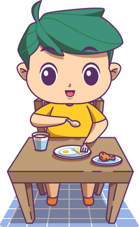 Boy eating morning breakfast while sitting on table Illustration