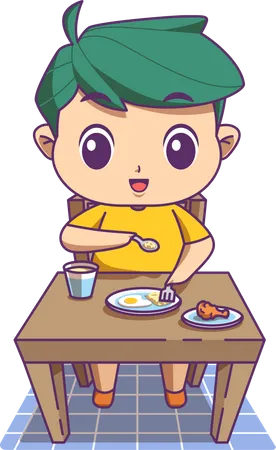 Boy eating morning breakfast while sitting on table  イラスト