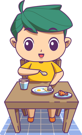 Boy eating morning breakfast while sitting on table  Illustration