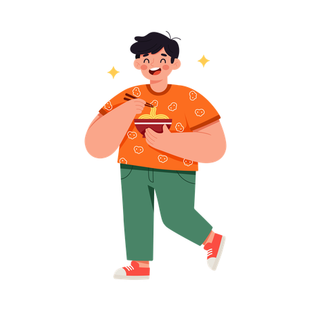 Boy eating noodle with chopstick  Illustration