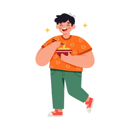 Boy eating noodle with chopstick  Illustration