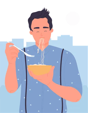 Boy eating noodles bowl  Illustration