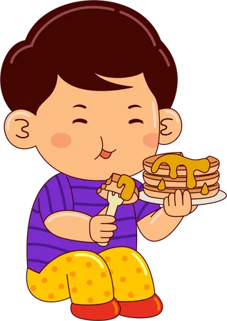 Boy Kids Eating Pancake Illustration