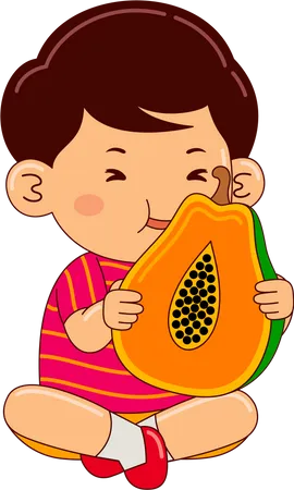 Boy Kids Eating Papaya Illustration