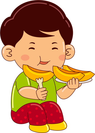 Boy eating peach  Illustration