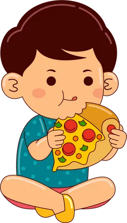 Boy Kids Eating Pizza Illustration