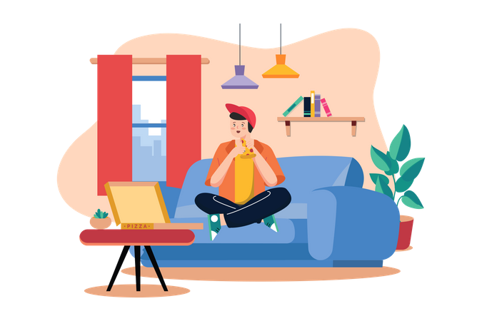 Boy Eating Pizza on sofa  Illustration