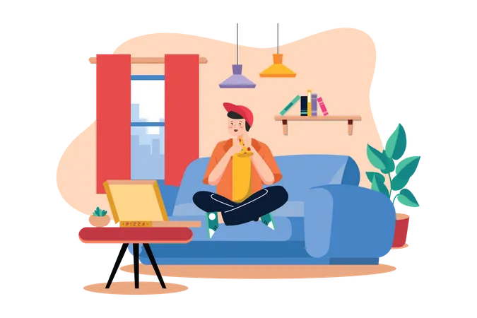 Boy Eating Pizza on sofa  Illustration