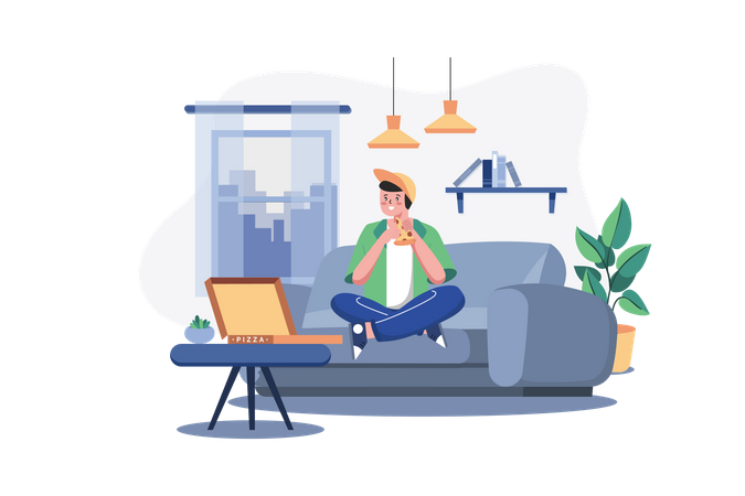 Boy Eating Pizza on sofa  Illustration