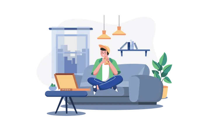 Boy Eating Pizza on sofa  Illustration