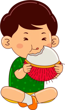 Boy Kids Eating Rambutan Illustration