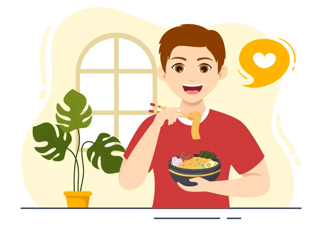 Boy Eating Ramen  Illustration