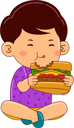 Boy Kids Eating Sandwich Illustration
