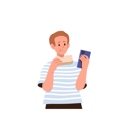 Boy Eating Sandwich Watching Video On Smartphone  Illustration