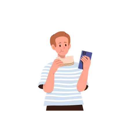 Boy Eating Sandwich Watching Video On Smartphone  Illustration