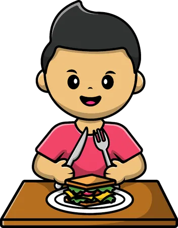 Boy Eating Sandwich With Fork And Knife On Table  Illustration