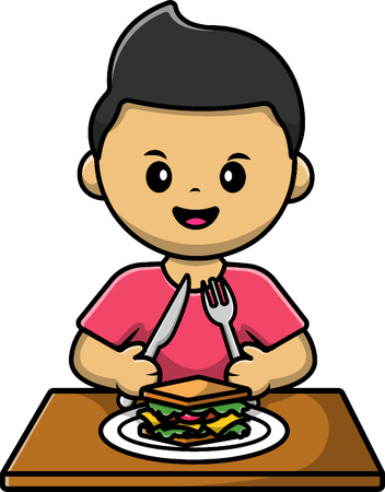 Boy Eating Sandwich With Fork And Knife On Table  Illustration