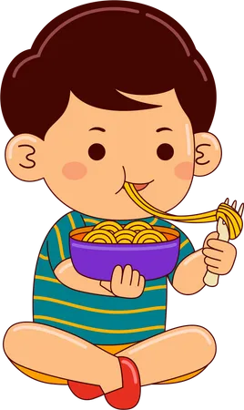 Boy Kids Eating Spaghetti Illustration