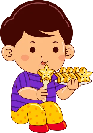 Boy Kids Eating Star Fruit Illustration