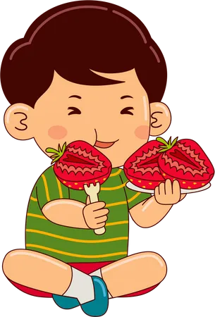 Boy Kids Eating Strawberry Illustration