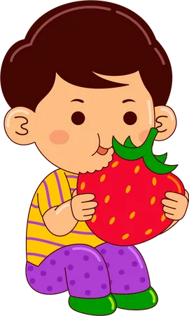 Boy Kids Eating Strawberry Illustration