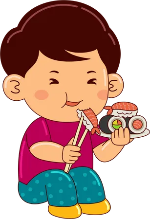 Boy Kids Eating Sushi Illustration