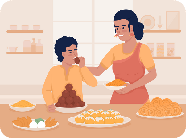 Boy Eating sweets during Diwali  Illustration