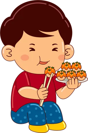 Boy Kids Eating Takoyaki Illustration