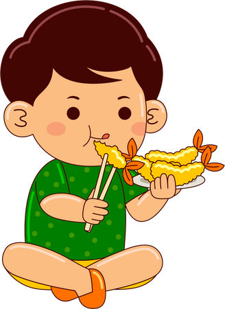天ぷらを食べる少年  イラスト