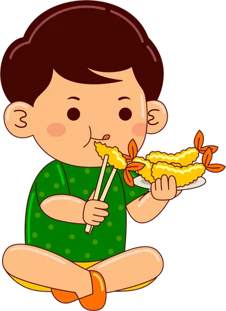Boy Kids Eating Tempura Illustration